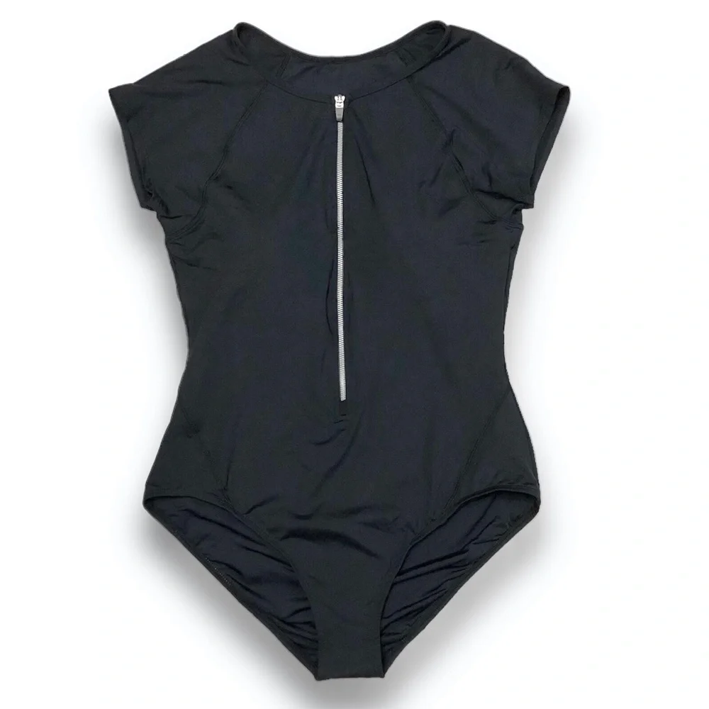 JANTZEN Black Cap Sleeve Sporty Zip Front Paddle-suit